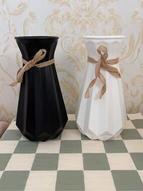 Matte Black and White Geometric Ceramic Vases with Burlap Tie